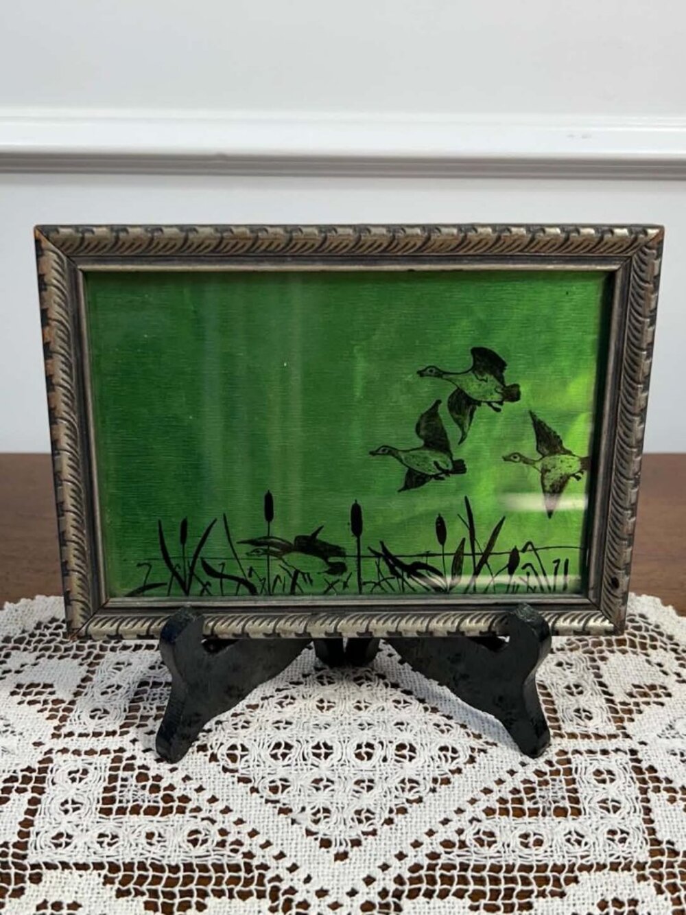 Vintage Art Deco Reverse Painted Glass Green Duck Silhouette Foil Art